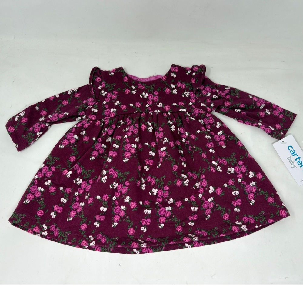 Carters Baby Girls 3M Burgundy Floral Long Sleeve Ruffle Shoulder Dress NWT